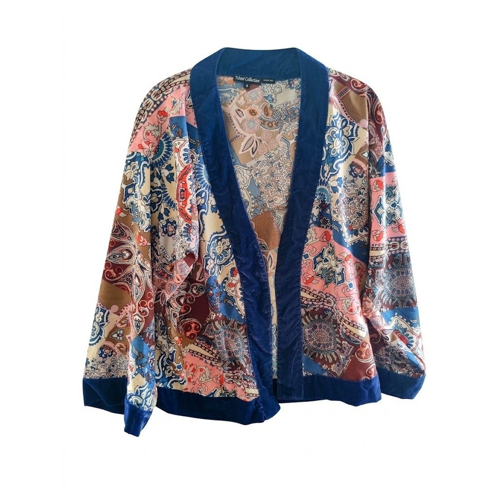 Tolani Kimono Cardigan Womens S Multicolor Patchwork Paisley Velvet Trim Boho